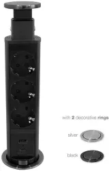 Мебелна колона Pop-Up, с контакти 3х шуко, 2х USB тип A+C, кабел 2m, Ø60mm, цвят ЧЕРЕН, Commel — снимка 2