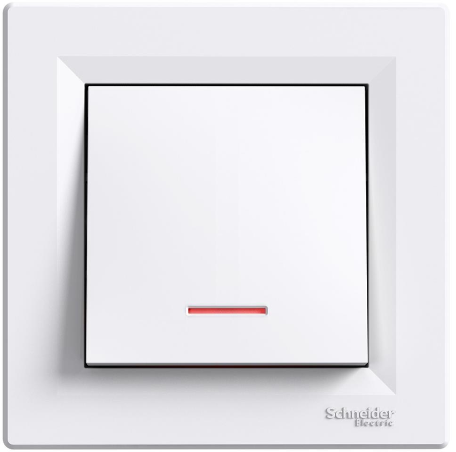 Schneider Electric – Еднополюсен ключ 16A с подсветка моноблок цвят Бял Asfora SE – Бели механизми и рамки Asfora